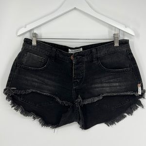 One Teaspoon Bonita Low Waist Black Button Front Whiskering Denim Jean Shorts